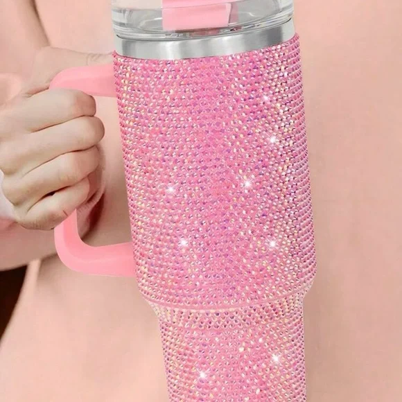 Pink Rhinestone Tumbler Stainless Steel Style 40oz with Handle New - Picture 1 of 15